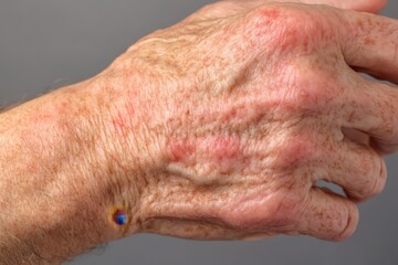Man's hand scratching skin affected by dermatitis psoriasis showing red patches and irritation, hand of man scratching skin rash Dermatitis psoriasis