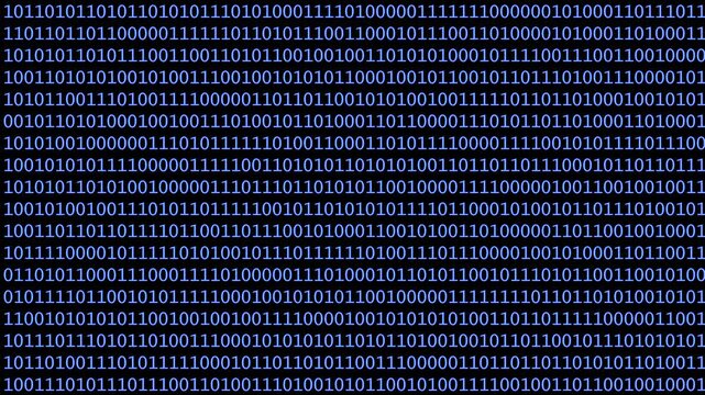 Binary Code Digital Data Background, A pattern of binary code in blue on a black background, representing digital data and computing.