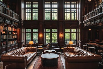 Grand Library Interior: Luxurious Leather Sofas, Tall Bookshelves, and Large Windows, Exquisite Wooden Paneling, Natural Light Illuminates the Room.