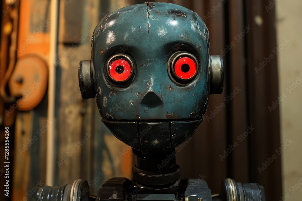Poster robot with red eyes raises its head and gazes directly at the viewer in a dimly lit workshop setting