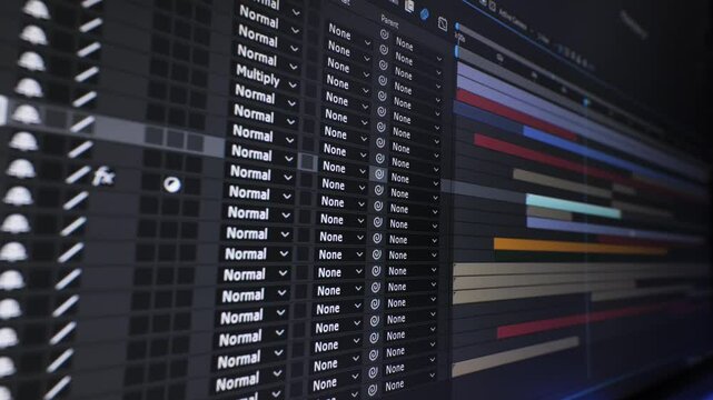 Video Editing Timeline in Motion Graphics Software, Close-up view of a video editing timeline with layers and keyframes in motion graphics software.