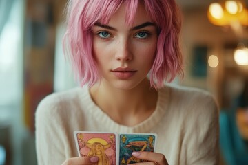 Young woman with pink hair engaged in tarot card reading indoors during evening