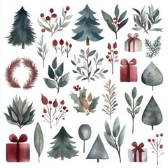 Watercolor Christmas Elements Dusty Blue and Burgundy Winter Holiday Designs