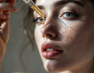 Closeup portrait of beautiful young woman applying cosmetic serum on her face. Facial Serum Application