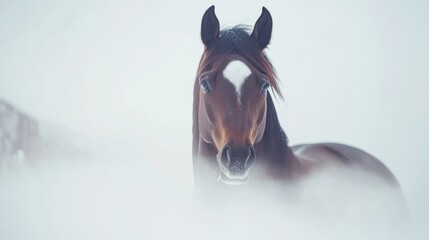 Bay horse in a clean, minimalist composition, symbolizing elegance and simplicity.
