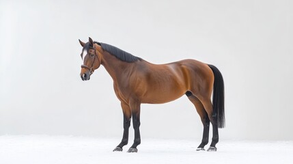 Bay horse in a clean, minimalist composition, symbolizing elegance and simplicity.
