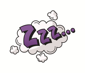 Illustration of ZZZ in comic style inside fluffy speech bubble. Purple letters within cloud graphic evoke ideas of sleep and rest. Perfect for dream-related designs.