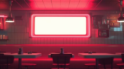 Neon-lit diner interior with empty tables and blank signage in a retro style
