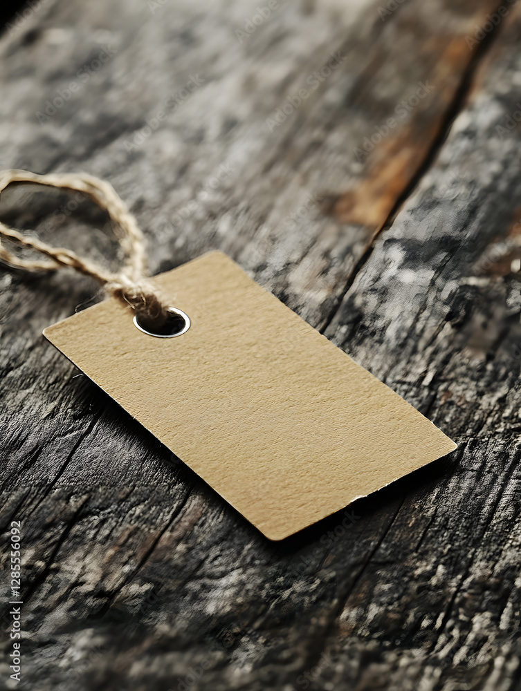 Poster Close up of rustic blank paper tag on textured wooden background : Generative AI