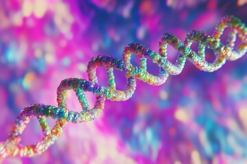 Colorful DNA strand over vibrant data processing background showcasing genetic information, dna strand over data processing on colourful background