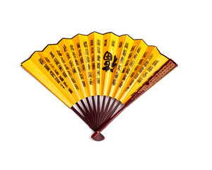 Traditional hand fan with Chinese characters to ventilate the face, fully opened isolated on white background
