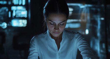Focused female scientist analyzing data in high-tech laboratory dark environment close-up perspective innovation concept