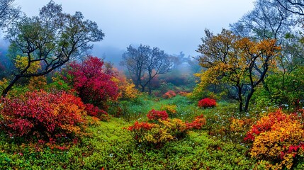 Autumnal Landscape Photography: Misty Morning in a Vibrant Forest AI Generated