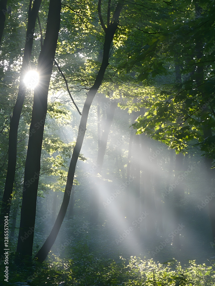 Poster Sunbeams Shining Through Forest Trees Creating a Serene and Tranquil Natural Landscape : Generative AI