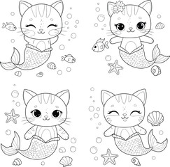 Adorable Cat Mermaids Coloring Page Cute Kawaii Sea Kitty Designs
