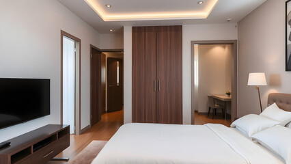 Fototapeta premium Elegant Modern Bedroom with Pristine Design and Natural Light