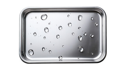 Closeup of water droplets on a metallic tray, study in reflection and texture