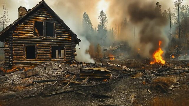 Inferno and Loss: A rustic log cabin stands forlorn amidst the devastation of a raging forest fire, consumed by smoke and flames.