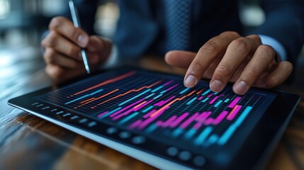 Fototapeta premium Explosive business growth strategies are being analyzed by a businessman reviewing sales data on a tablet with a growth chart, illustrating the dynamic nature of successful business development.