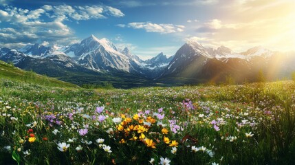 Fototapeta premium Mountain Meadow at Sunrise, Colorful Wildflowers, Majestic Peaks