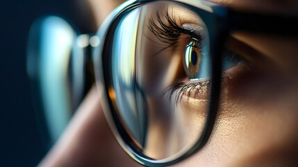 Close-up shot of eye with glasses reflecting a digital screen and focused gaze : Generative AI