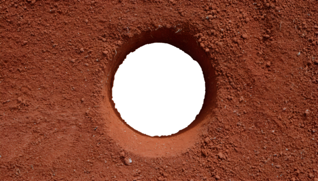 top view of a hole in red ground, exposed soil cavity, circular pit in textured dirt, excavation site, eroded terrain, isolated background

