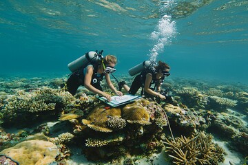 Volunteers utilize advanced technology and marine gear to collaboratively map coral reefs, gathering data essential for preserving marine ecosystems.