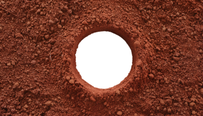 top view of a hole in red ground, textured soil pit, excavation site, circular trench in dry earth, exposed underground cavity on isolated background
