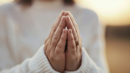 Hands clasped in prayer with soft light background