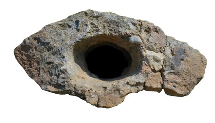 top view of a weathered stone with a natural hole, rough textured rock, eroded geological formation, ancient stone structure, rustic terrain fragment on isolated background
