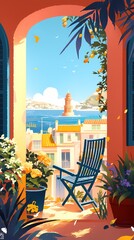 Fototapeta premium blue and orange seaside plant landscape illustration poster background