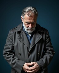 Fototapeta premium A solemn older man with a beard and a dark coat stands with his head bowed and hands clasped, conveying a sense of introspection or contemplation.