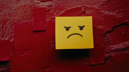 Yellow Sticky Note with Sad Face Emoticon on Red Textured Background
