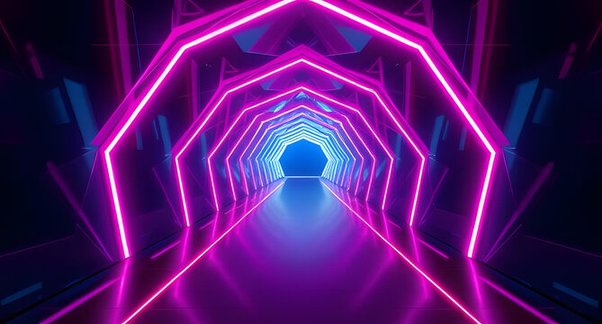 Abstract geometric tunnel with pulsating neon lights background. Hypnotic pathway into the unknown