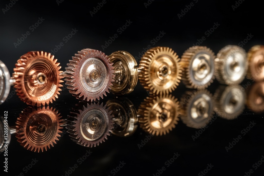 Poster gears interlocked and rotating in synchronization on a reflective surface, gears turn one another ar