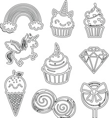 Cute Unicorn, Rainbow, & Sweet Treats Line Art Coloring Page Design