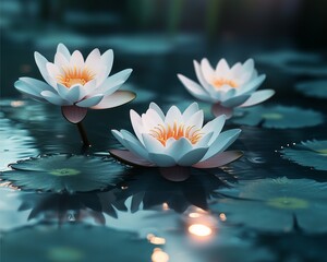 Lotus flowers blooming in tranquil water, serene lotus flowers reflecting peace, purity, and spiritual awakening, perfect lotus flowers for mindfulness, meditation, and Zen aesthetics