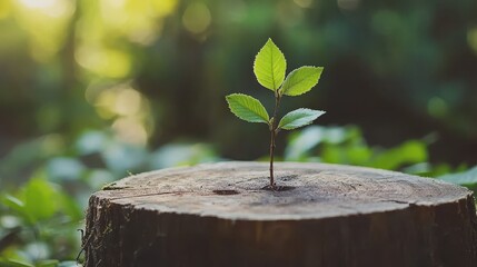 Green Plant Growing on Cut Tree Stump in Lush Natural Environment