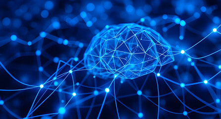 Abstract neural network visualization background. Glowing blue digital brain nodes