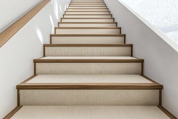 Beige stair treads with open risers and natural wood handrail in minimalist setting