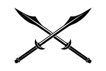 Silhouette art design of two crossed sai weapons with straight blades and curved guards.eps