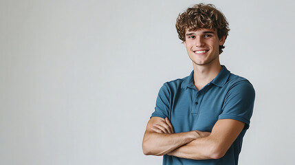 Obraz premium A young man with wavy brown hair and a friendly smile poses with arms crossed, wearing a blue polo shirt against a neutral light background, exuding confidence and warmth.