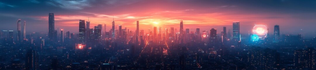 Cyberpunk cityscape with sunset in the background and high-tech neon signs. Generative AI