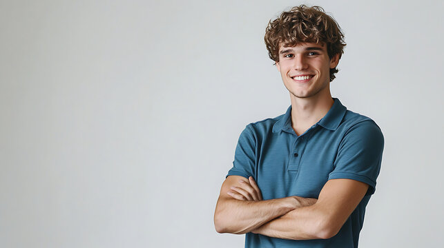  A young man with wavy brown hair and a friendly smile poses with arms crossed, wearing a blue polo shirt against a neutral light background, exuding confidence and warmth.