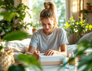 smiling young woman opening beauty gift box and looking at it at home. Woman opening beauty subscription box
