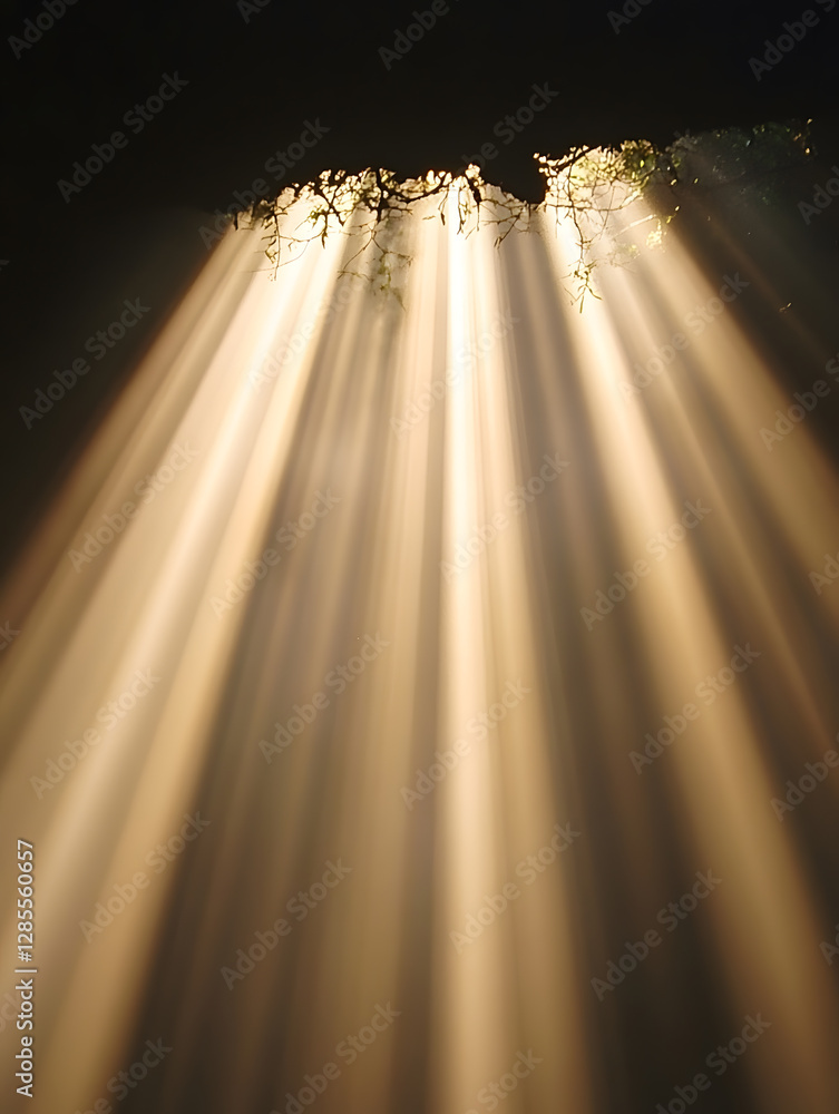 Aufkleber Sunlight Streaming Through Cave Opening Illuminating Lush Botanicals : Generative AI