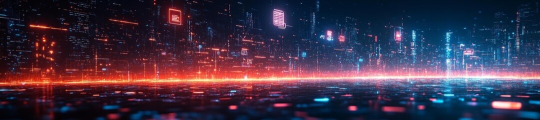 Obraz premium Futuristic Virtual World with Glowing Particles and Data Transmission Lines. Generative AI