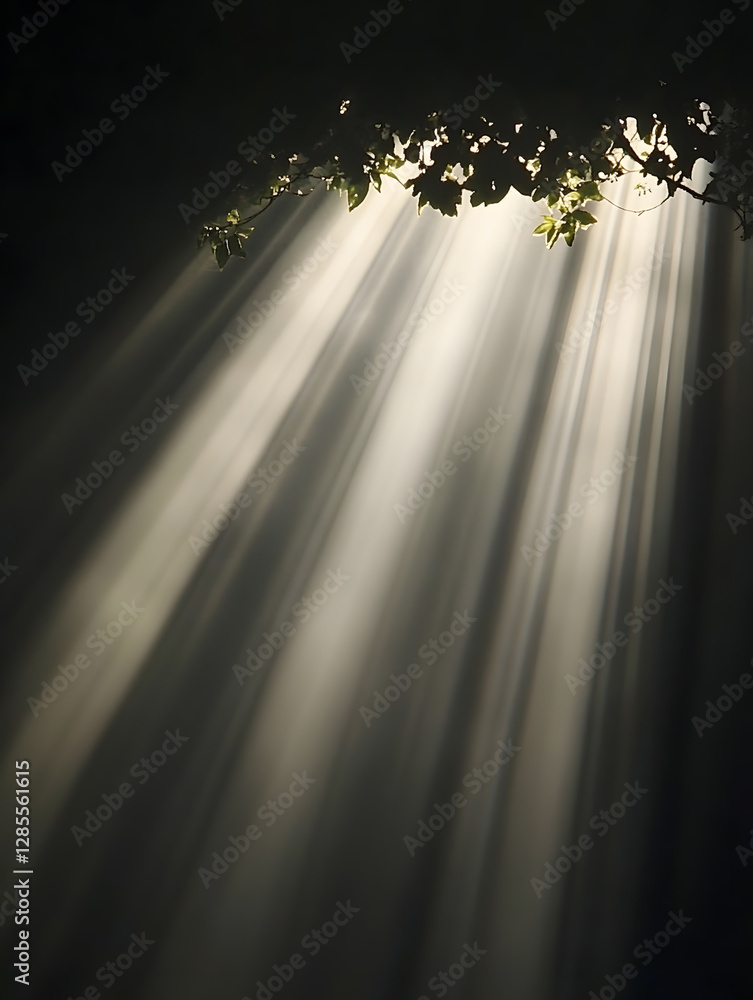 Poster Sunlight Streaming through Leaves Creating Dramatic Light Rays in Forest : Generative AI