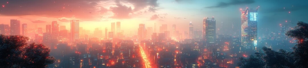 Futuristic Urban Cityscape with Bright Lights and Soft Sunset Glow. Generative AI