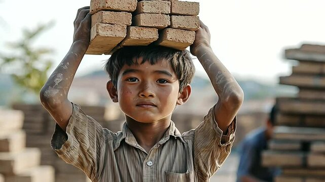 Child laborer carrying bricks at a kiln with a somber expression